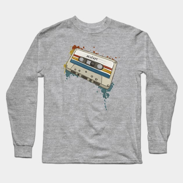 Watercolor Retro Style Mixtape Funky Old School Cassette Long Sleeve T-Shirt by SkizzenMonster